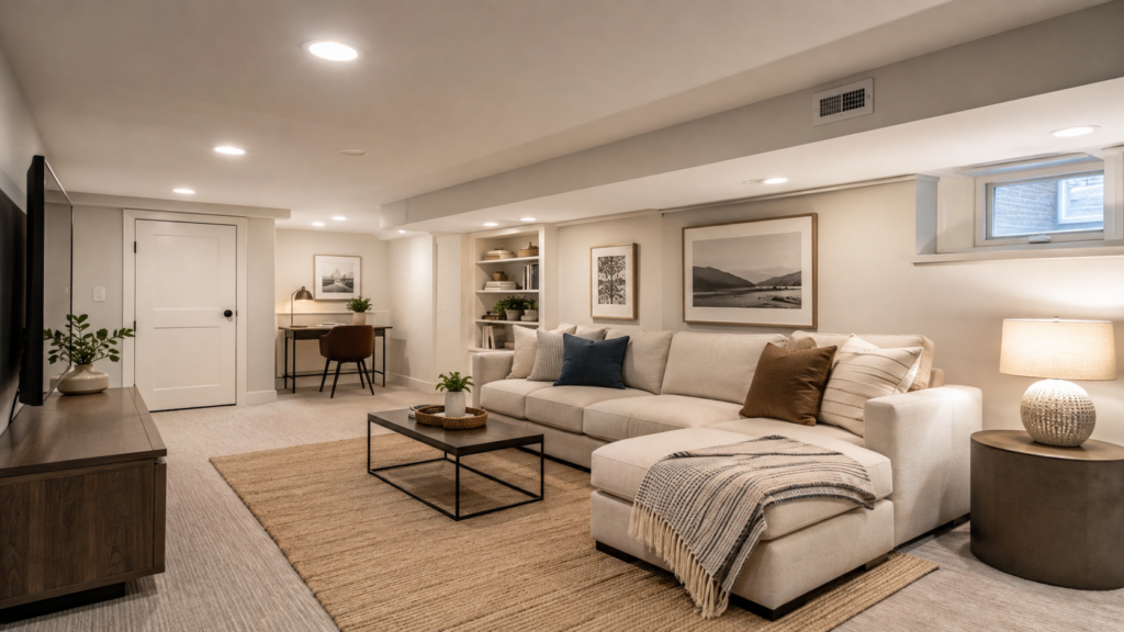 Finished basement with low ceilings, recessed lighting, a low-profile sectional sofa, built-in shelving, and a small high window.