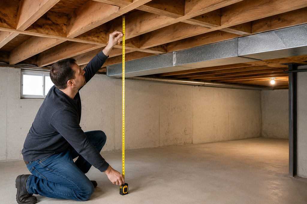 Measuring ceiling height in a basement with low ceilings before finishing.