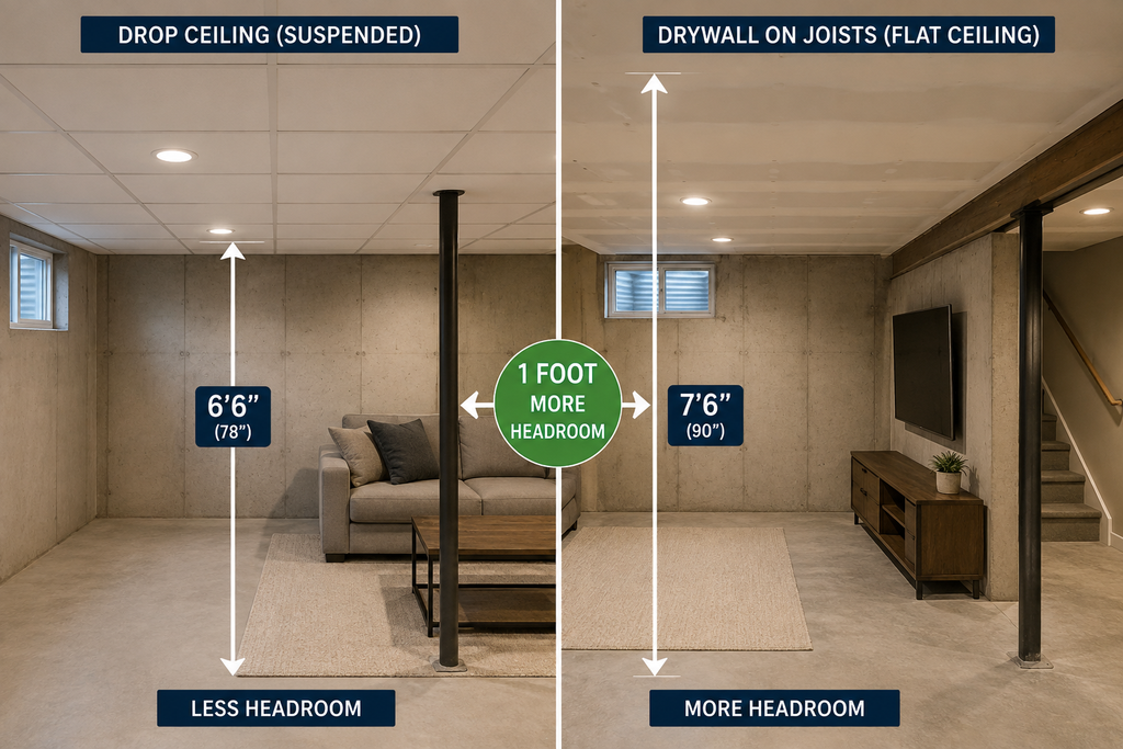 Drop ceiling versus drywall on joists showing headroom difference in a low basement.