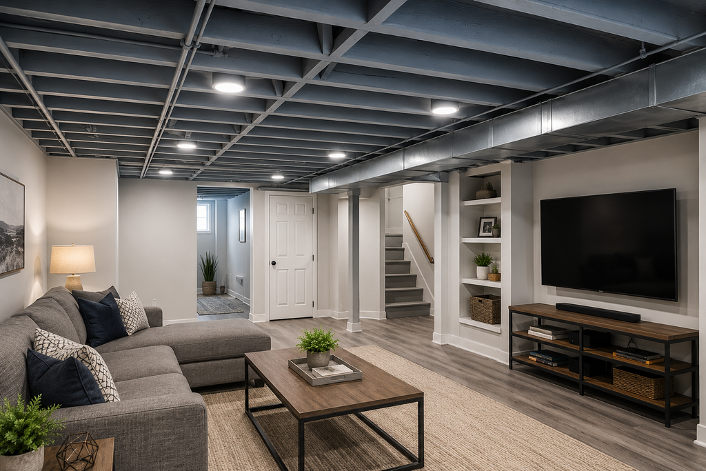 Finished low-ceiling basement with painted exposed joists and flush recessed lighting.
