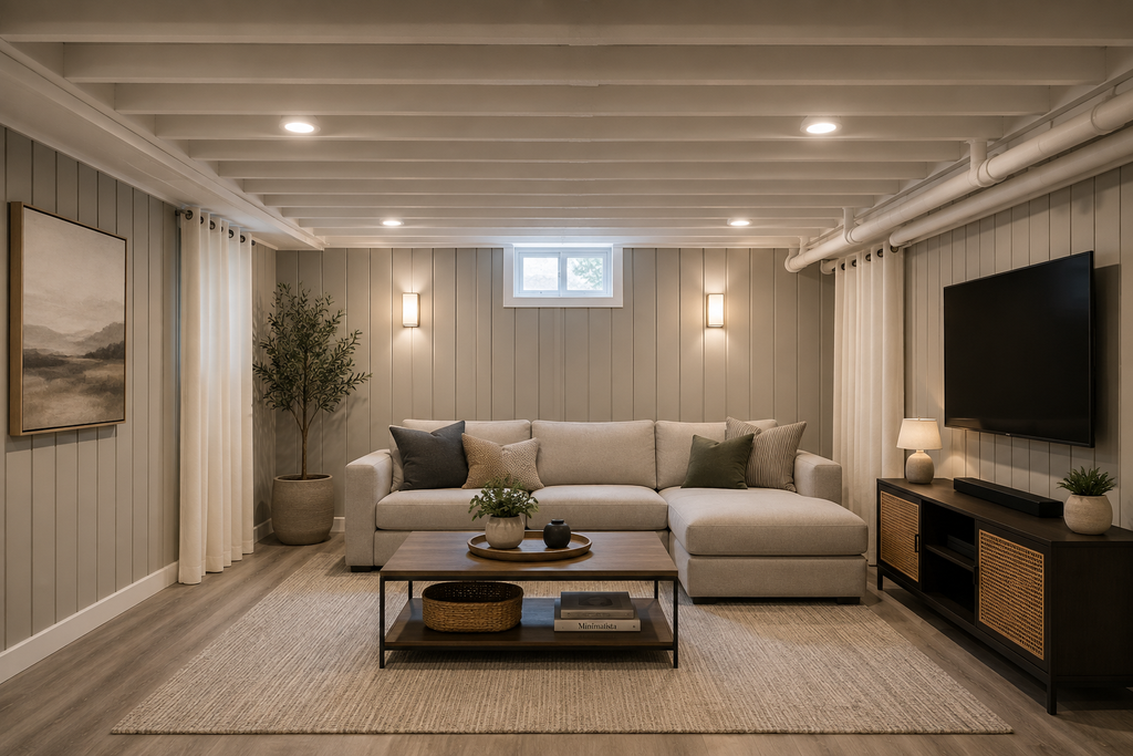 Low ceiling basement design using vertical lines and low furniture to make the space feel taller.
