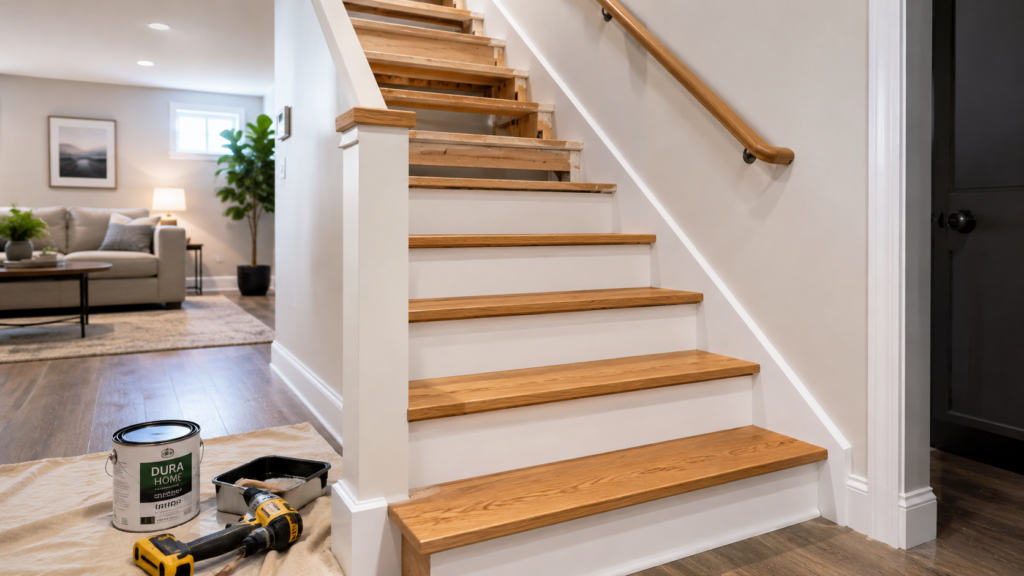 Basement stair remodeling in progress with new wooden treads, white risers, handrail, and renovation tools.