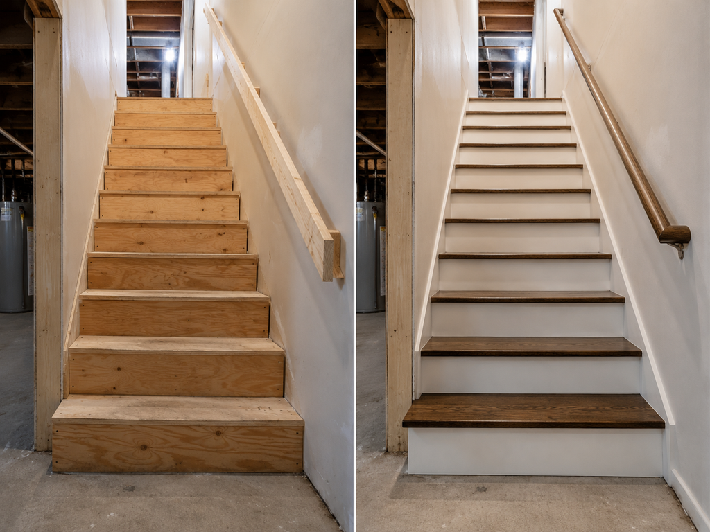 Basement stairs before and after a remodel, showing bare plywood treads replaced with stained treads and white risers.