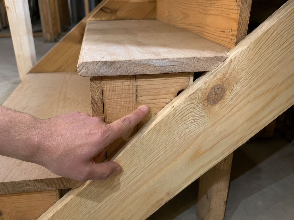 Exposed stair stringer being inspected for cracks and separation before a basement stair remodel.