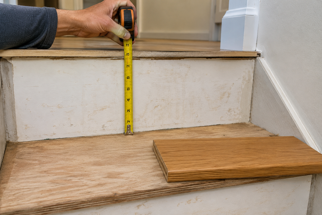 Measuring riser height at the top step before capping basement stairs with new 3/4-inch treads.