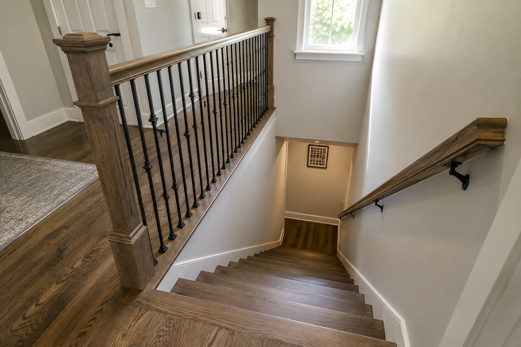 Open basement staircase with iron balusters and a wood handrail letting natural light down the stairway.