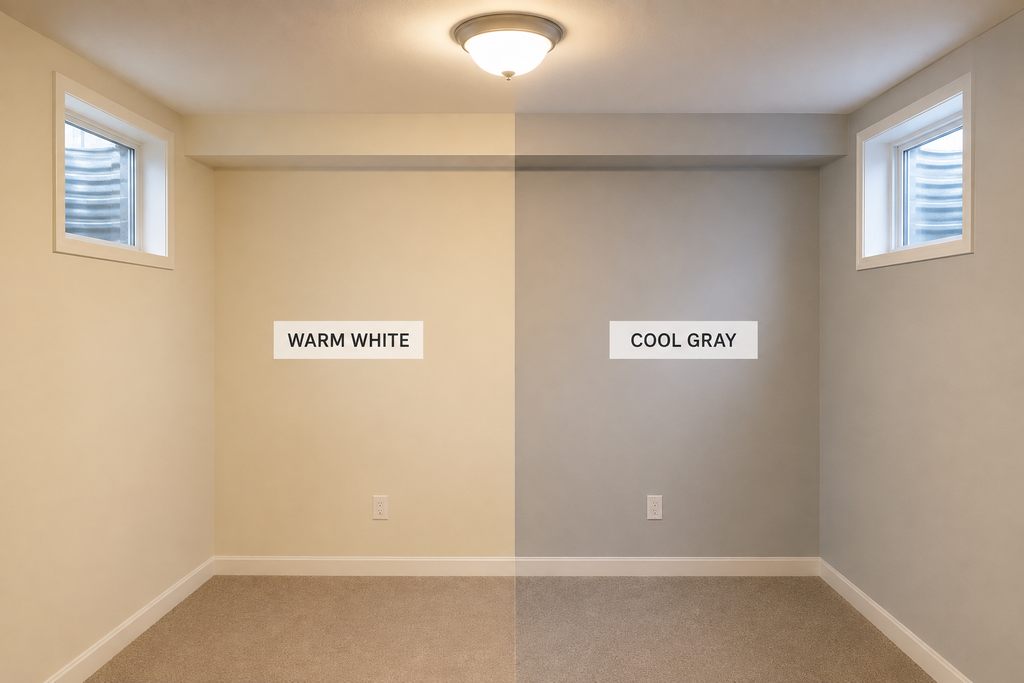 Warm white versus cool gray basement paint colors compared under the same low light.