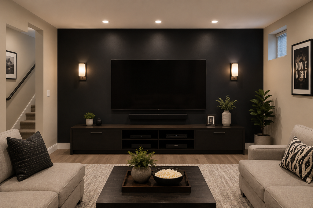 Near-black media wall as a basement paint color idea, framed by warm neutral side walls.