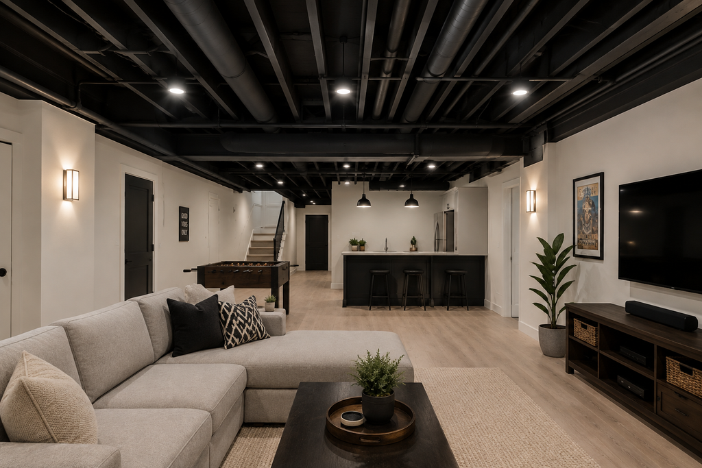 Exposed basement ceiling joists and ductwork painted one flat dark color.