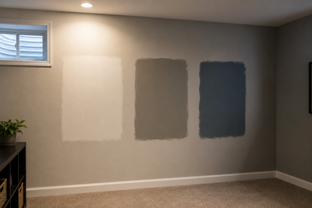 Testing basement paint color samples in both lit and shadowed spots on the wall.