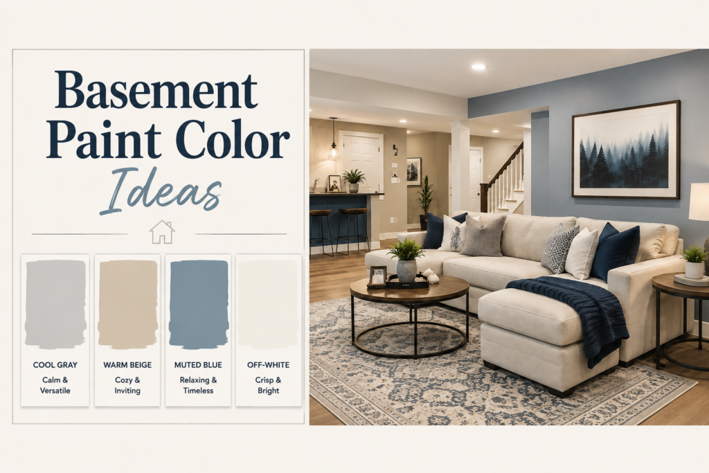 Basement paint color ideas featuring soft gray, warm beige, muted blue, and off-white shades in a modern finished basement.