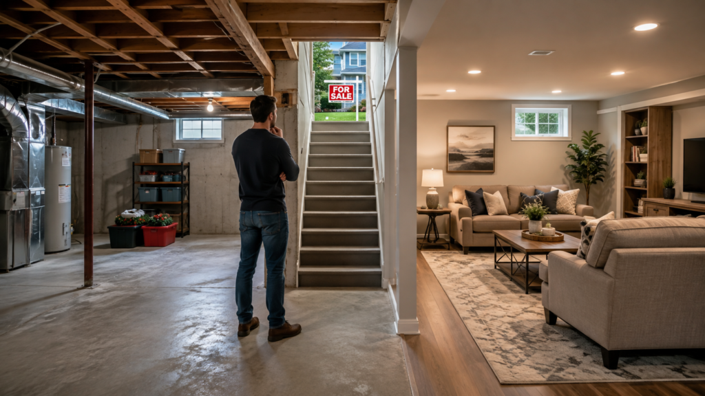 Split-view basement showing unfinished concrete space on one side and a finished living area on the other, with a homeowner considering renovations before selling.