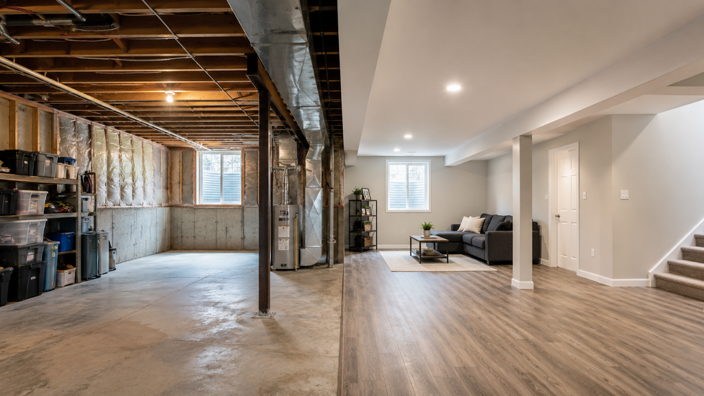 Unfinished basement beside the same space finished, showing what finishing a basement before selling looks like.