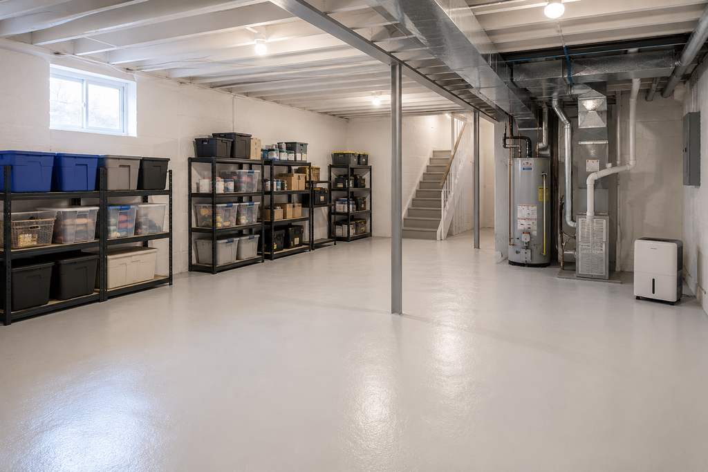 Bright painted unfinished basement with organized storage shelving and clear floor space.