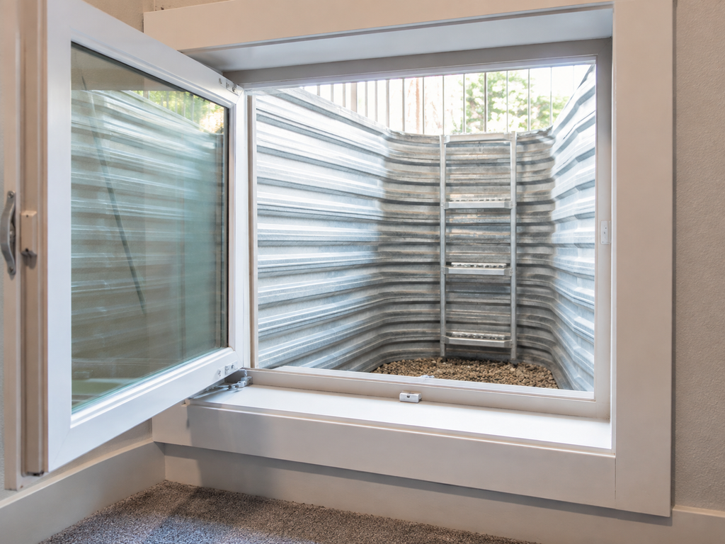 Basement egress window and window well required for a below-grade bedroom.
