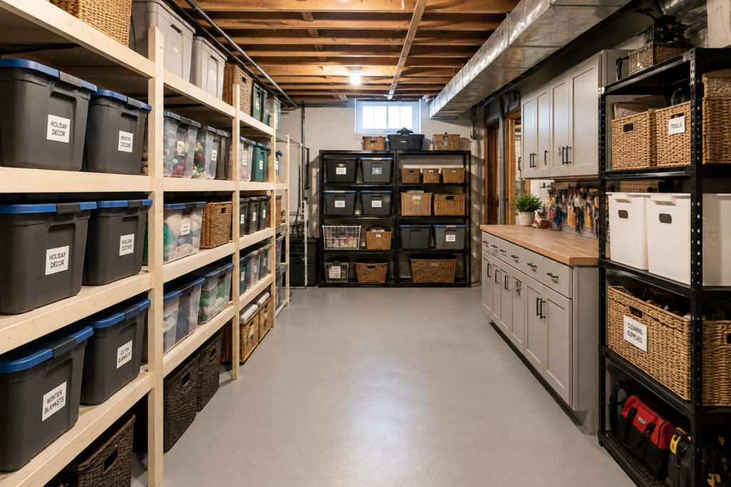 Unfinished basement storage room part-way through being organized, with boxes on the floor and a metal shelving unit along the wall.