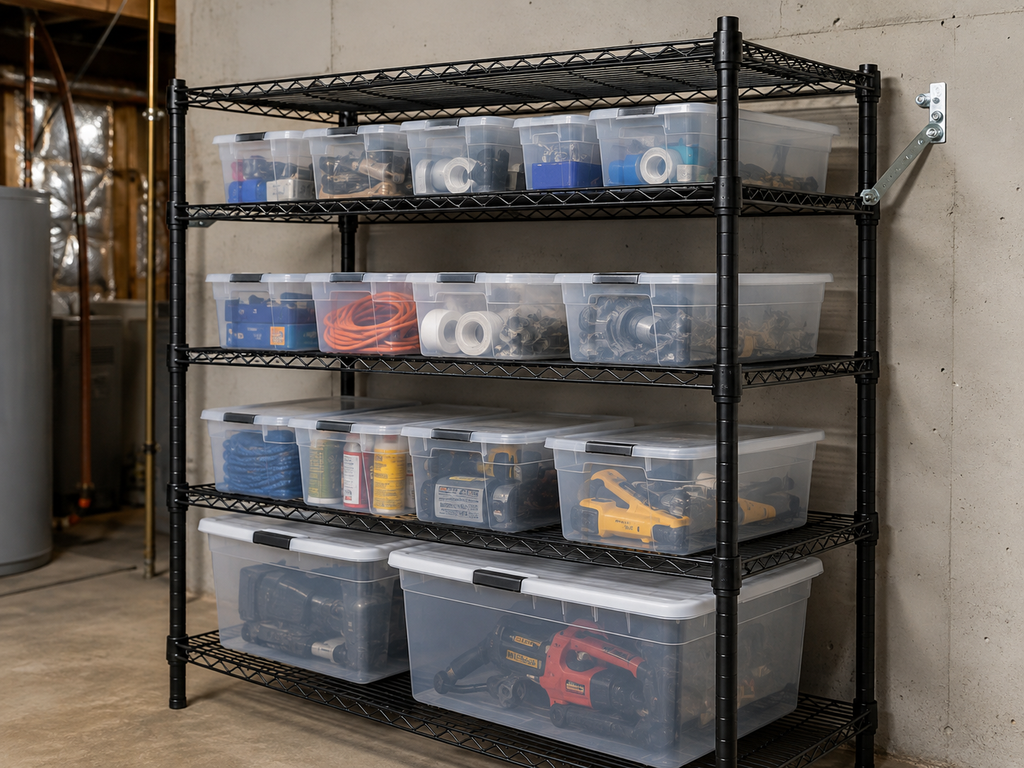 Steel wire basement shelving anchored to the wall with heavy storage bins on the lower shelves.