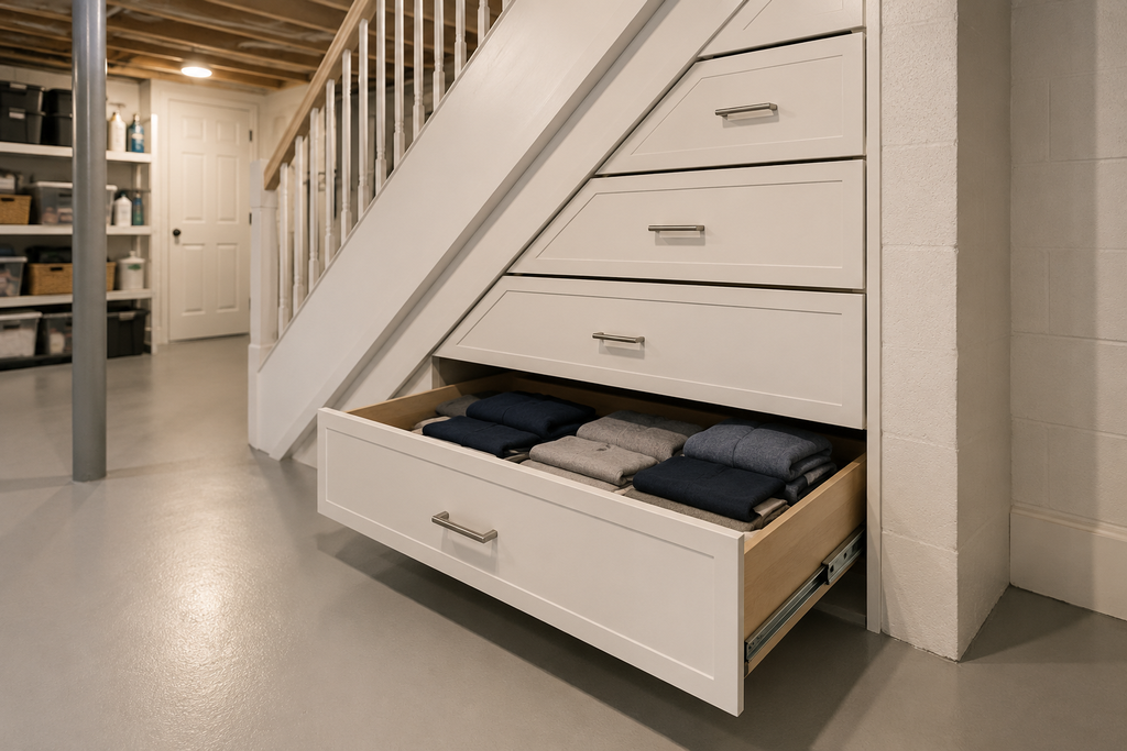 Under-stair storage drawers built into the space beneath basement stairs.