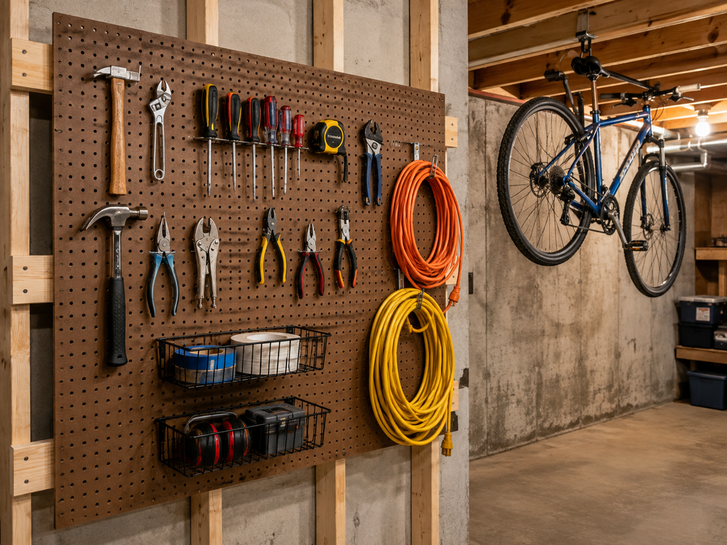 Pegboard tool wall and overhead joist hooks used for vertical basement storage.