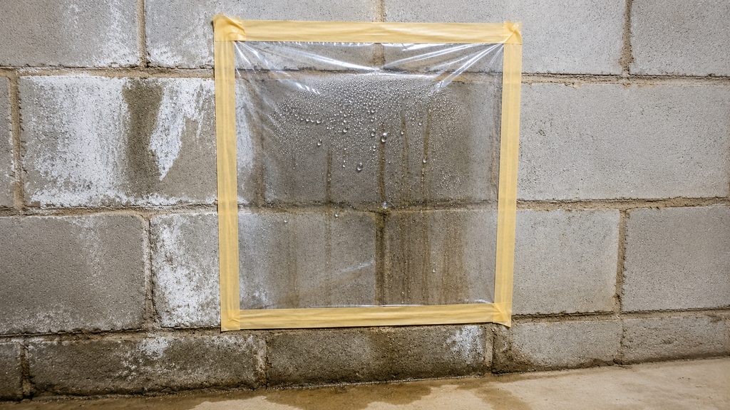 Plastic sheet taped to a basement wall to test for condensation versus seepage.