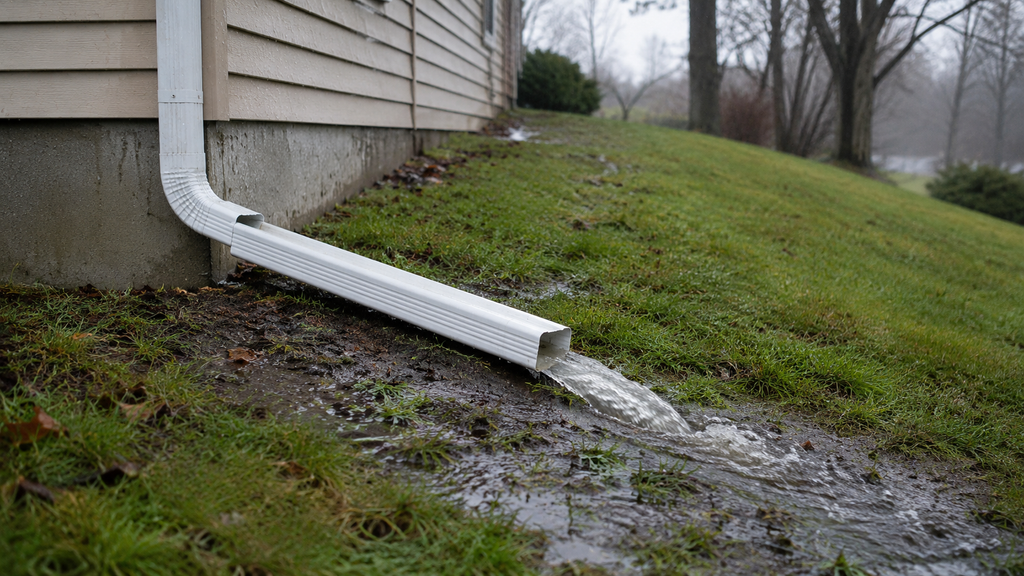 Downspout extension carrying roof water away from a house foundation.